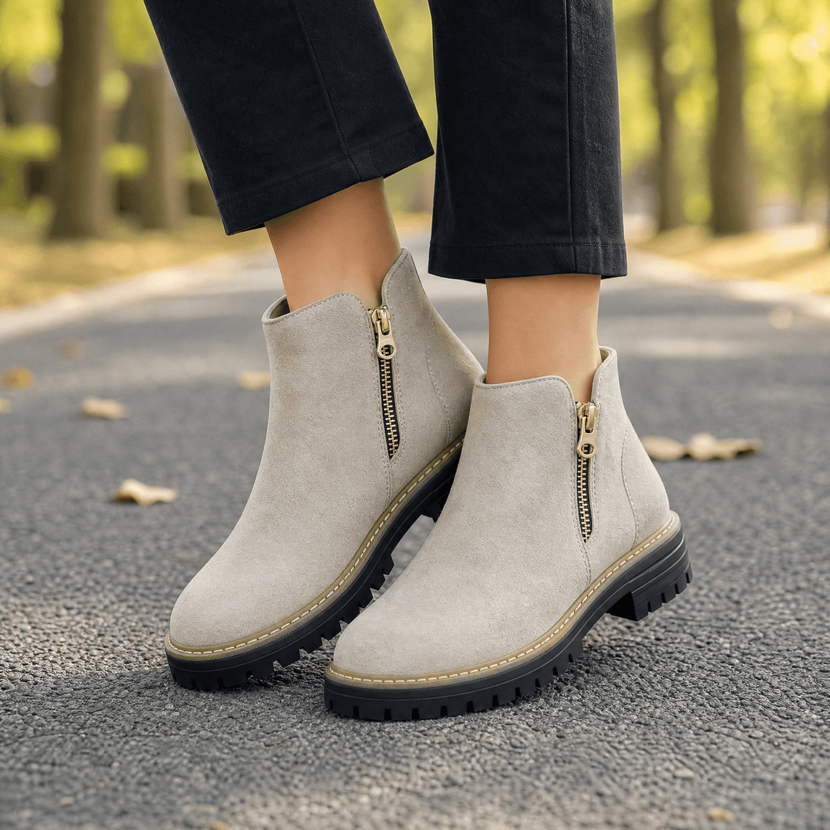 Chelsea boots for women with side zip, round toe and back pull tab