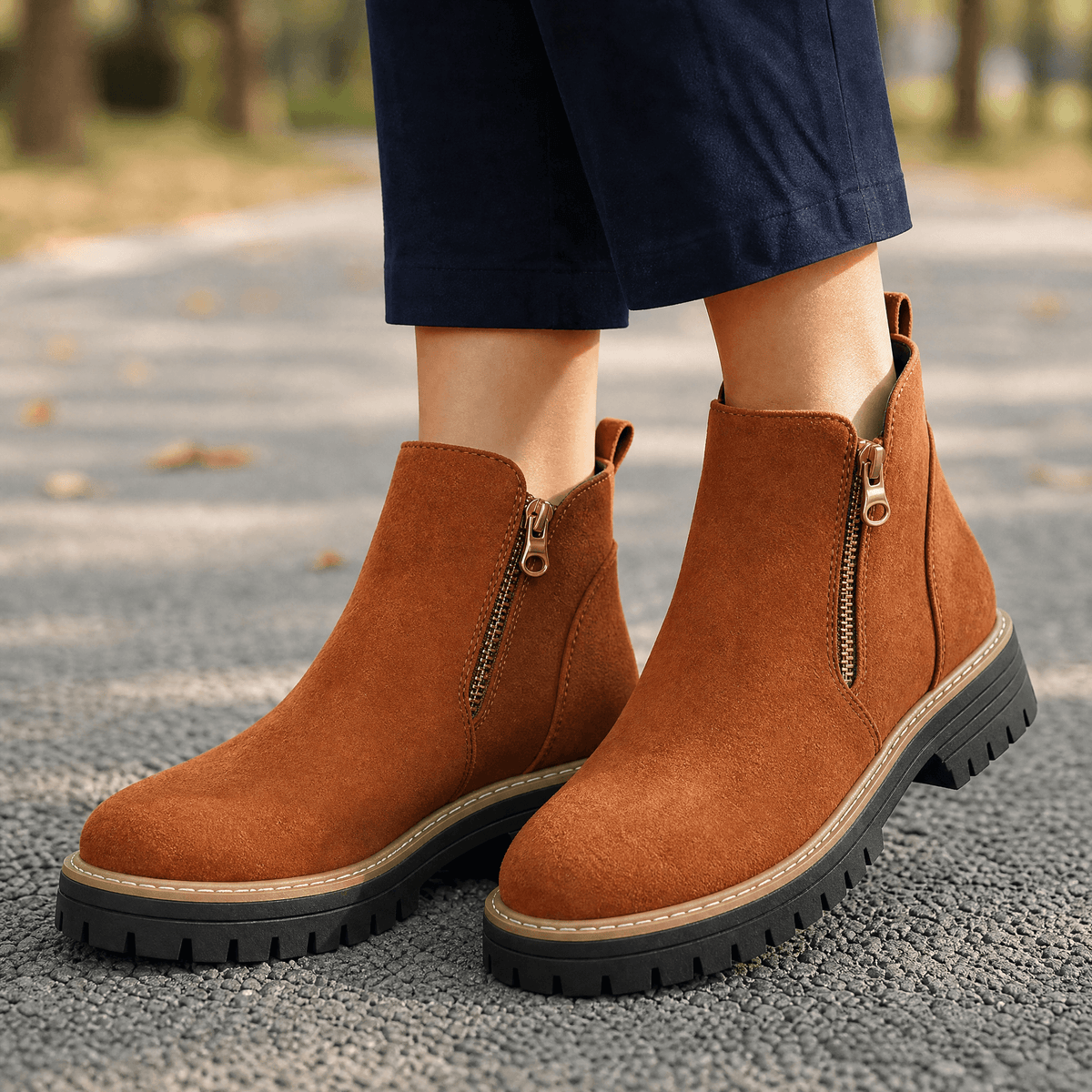 Chelsea boots for women with side zip, round toe and back pull tab