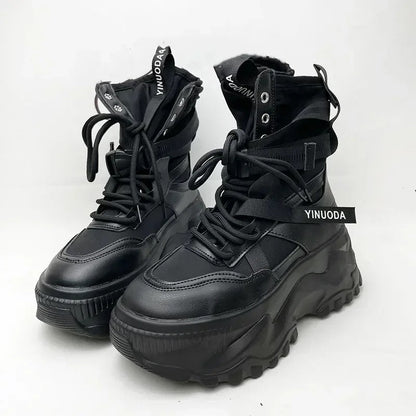 Lace up chunky platform boots for women with strap detail