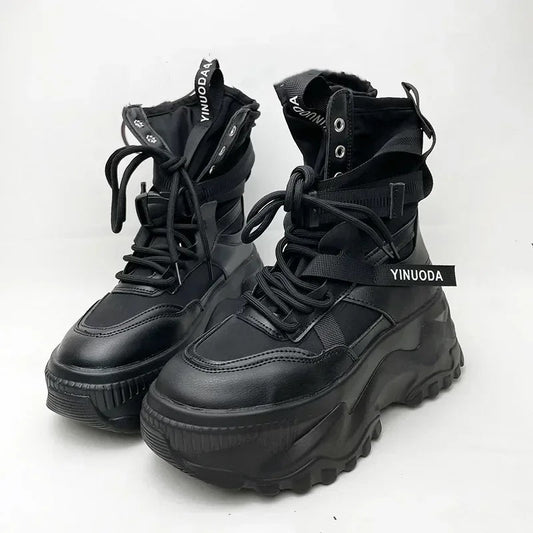 Lace up chunky platform boots for women with strap detail
