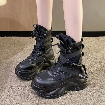 Lace up chunky platform boots for women with strap detail