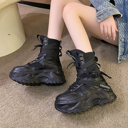 Lace up chunky platform boots for women with strap detail