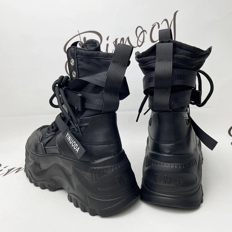 Lace up chunky platform boots for women with strap detail