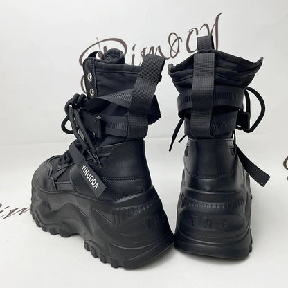 Lace up chunky platform boots for women with strap detail