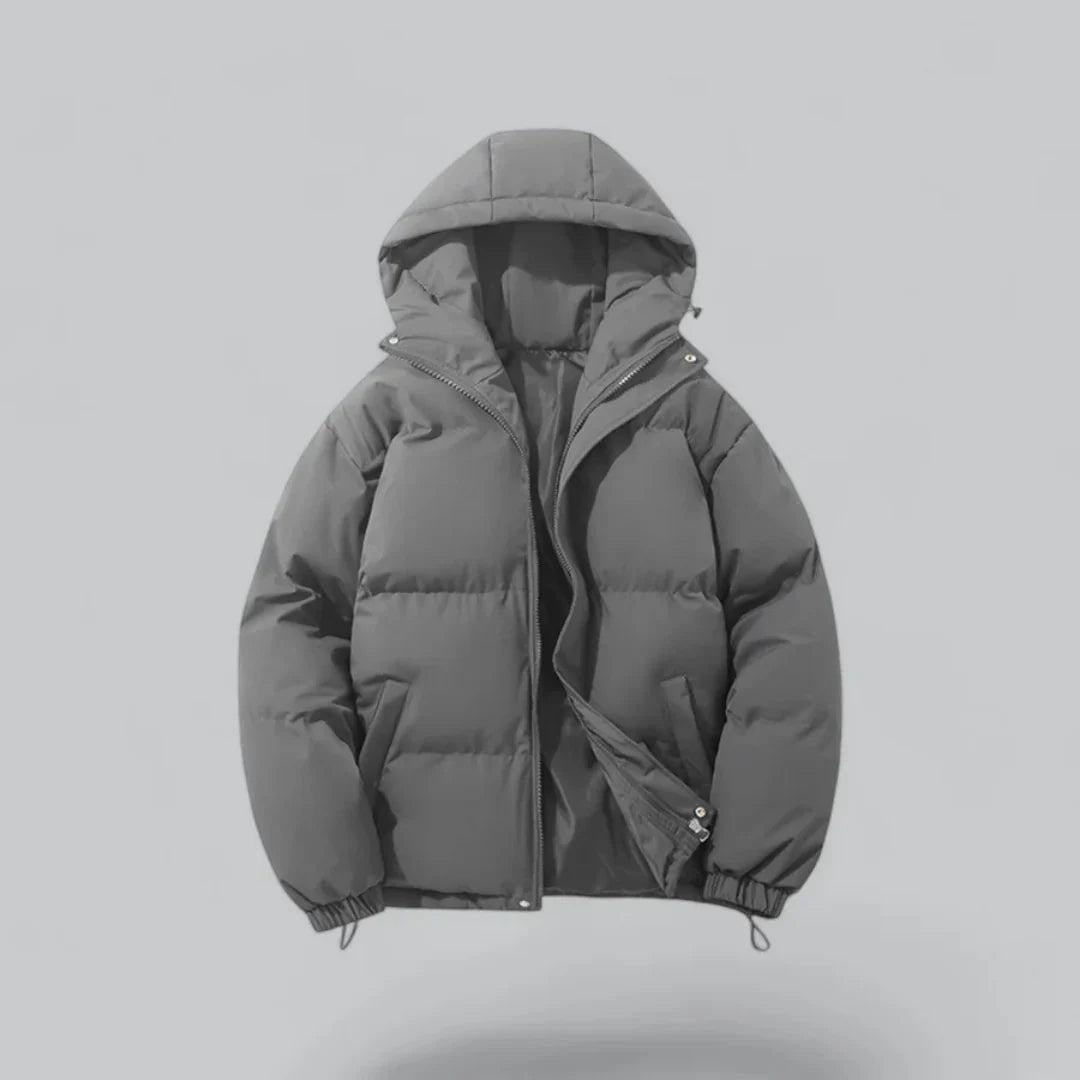 Womens puffer jacket with hood, full zip and elastic cuffs
