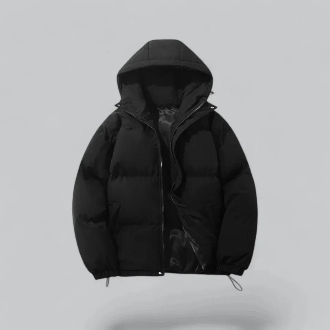 Womens puffer jacket with hood, full zip and elastic cuffs