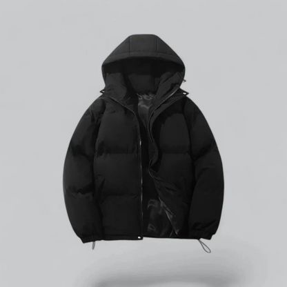 Womens puffer jacket with hood, full zip and elastic cuffs