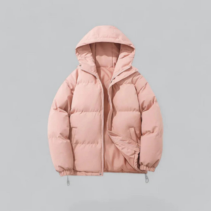 Womens puffer jacket with hood, full zip and elastic cuffs