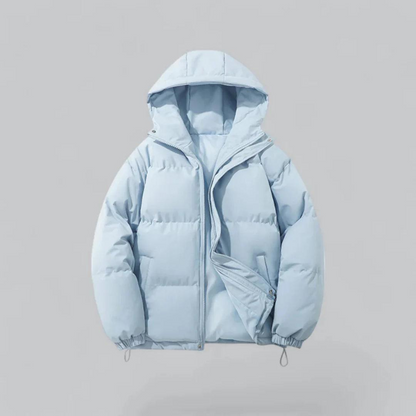 Womens puffer jacket with hood, full zip and elastic cuffs