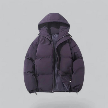 Womens puffer jacket with hood, full zip and elastic cuffs