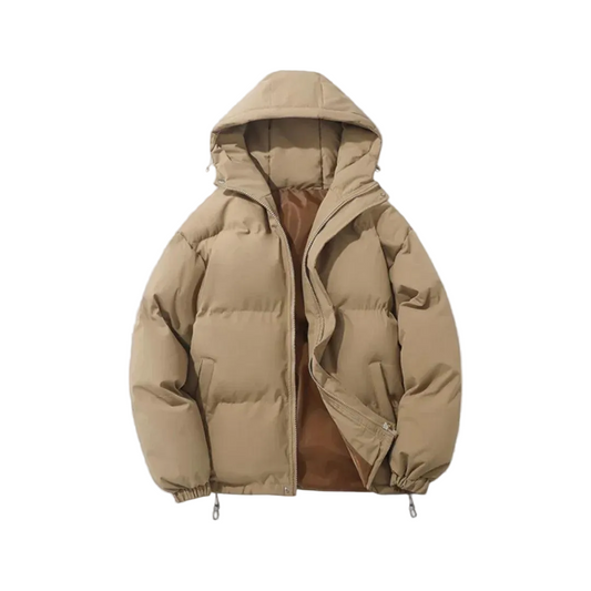 Womens puffer jacket with hood, full zip and elastic cuffs