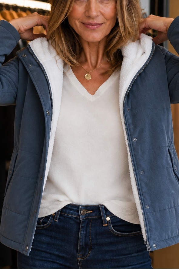 Hooded puffer jacket for women with zip front and fleece lined hood