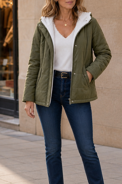 Hooded puffer jacket for women with zip front and fleece lined hood