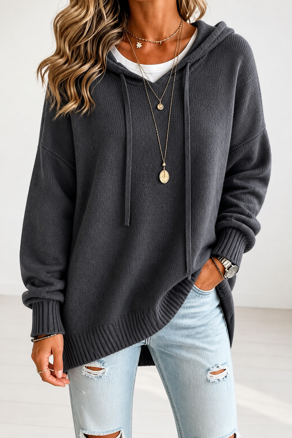 Oversized hoodies for women, drawstring knitted hooded sweater