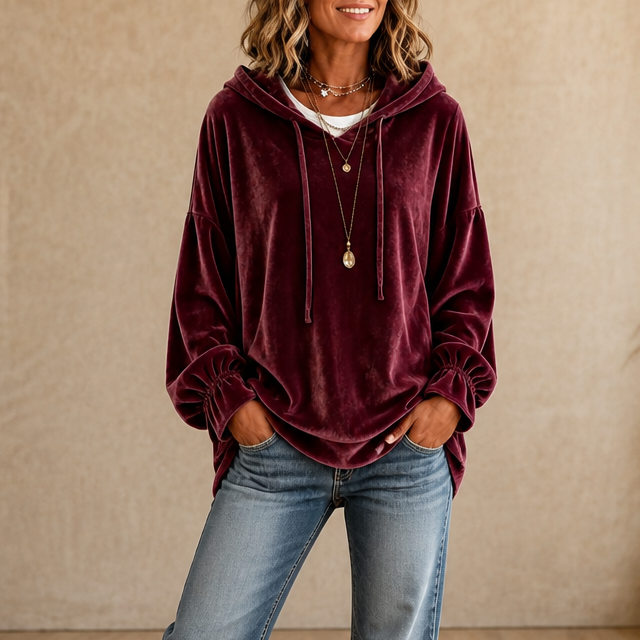 Velvet hoodies for women with ruffle cuffs and drop shoulder