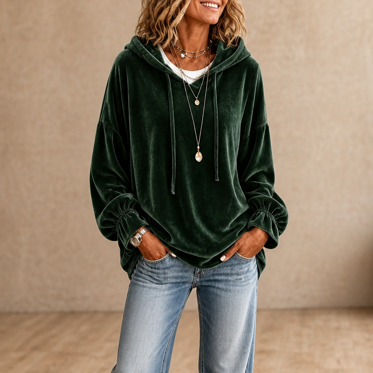 Velvet hoodies for women with ruffle cuffs and drop shoulder