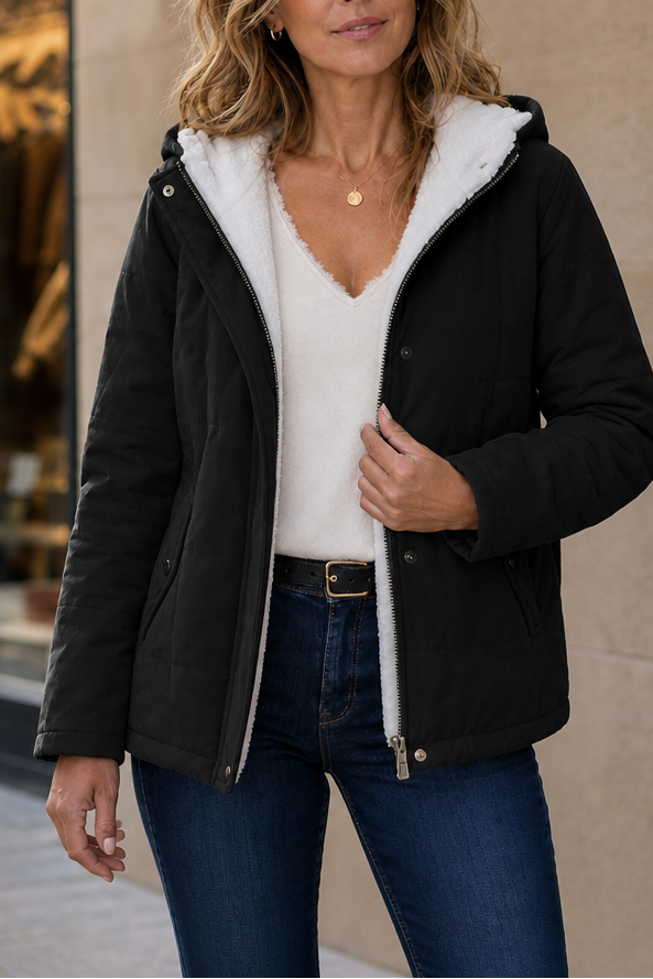 Hooded puffer jacket for women with zip front and fleece lined hood