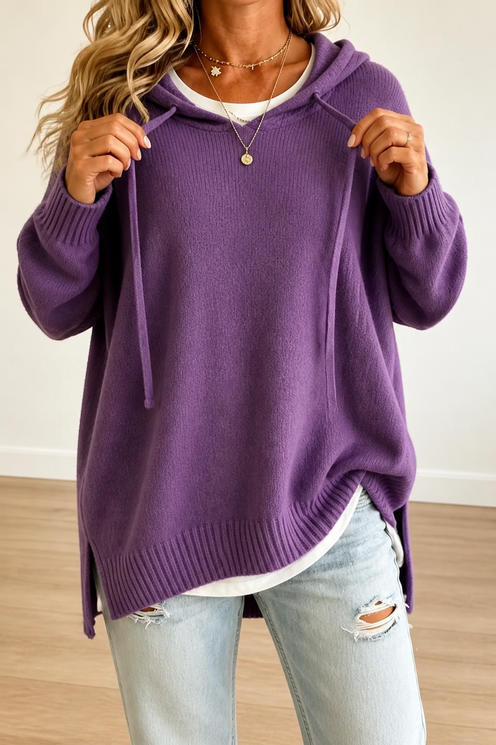 Oversized hoodies for women, drawstring knitted hooded sweater