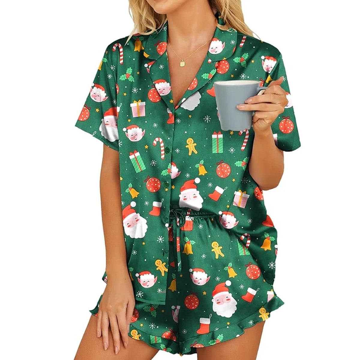 Christmas pajamas for women, short sleeve button up set with ruffle shorts
