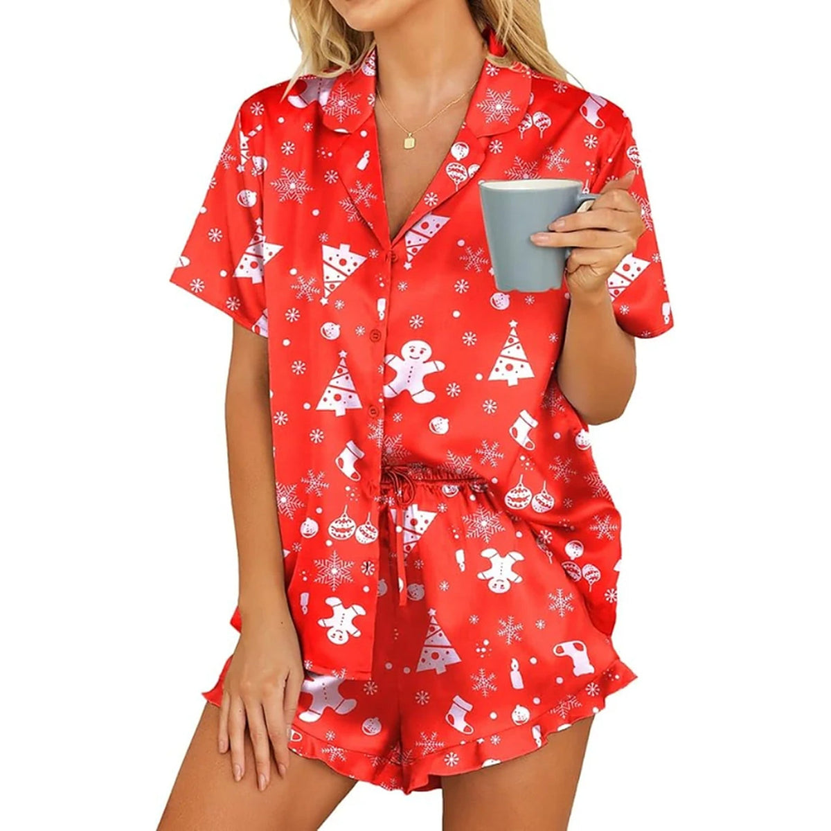 Christmas pajamas for women, short sleeve button up set with ruffle shorts