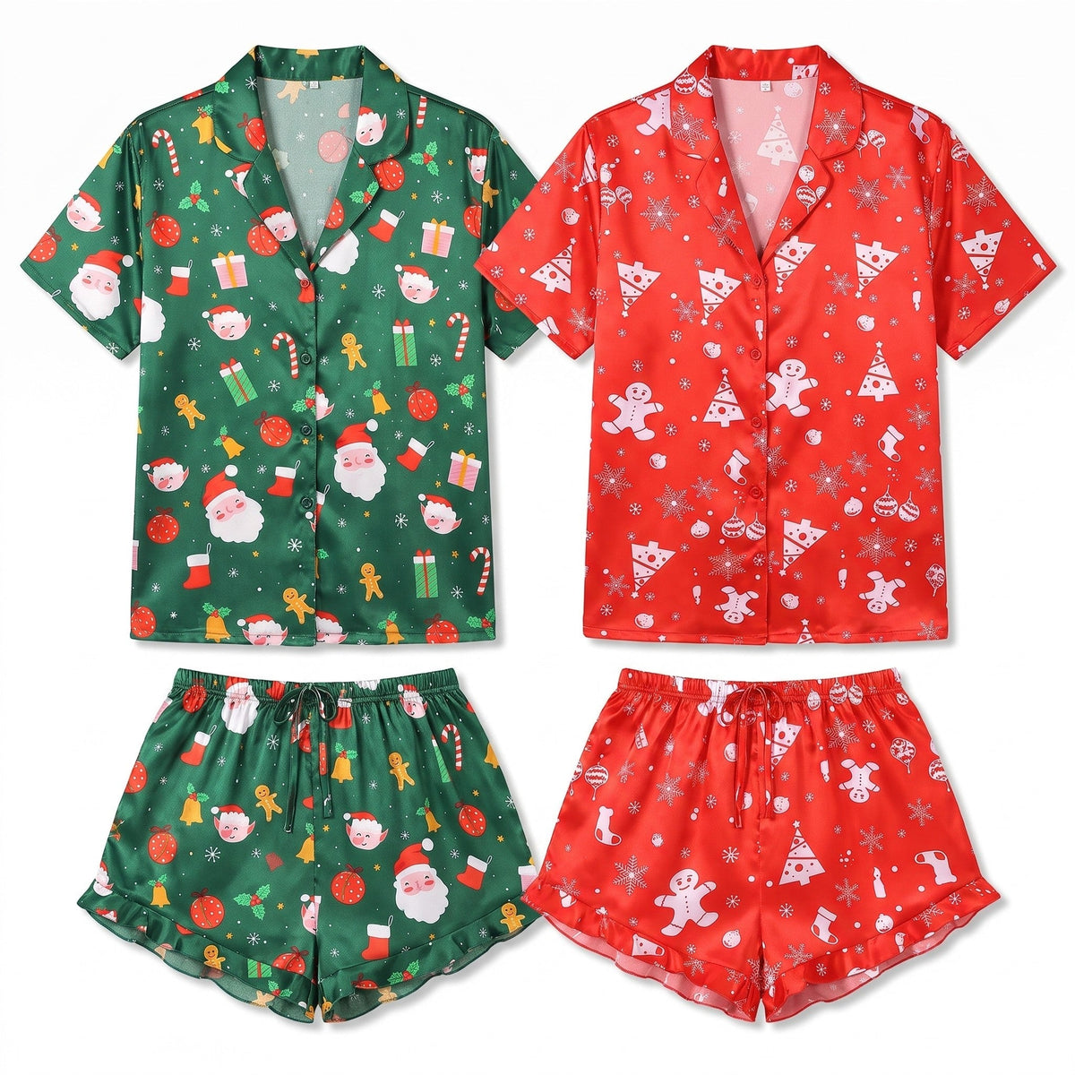 Christmas pajamas for women, short sleeve button up set with ruffle shorts