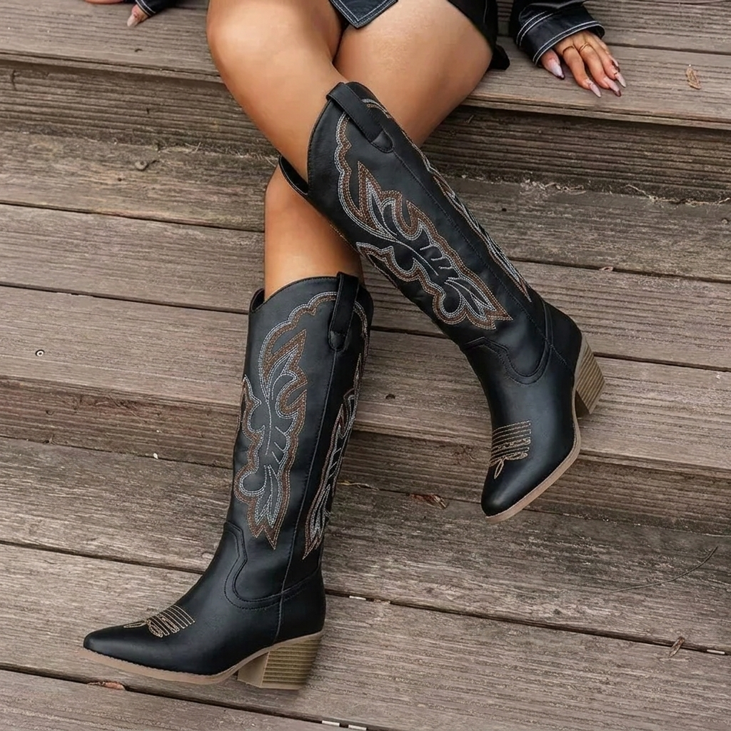 Cowboy boots for women with embroidery, pointed toe and block heel