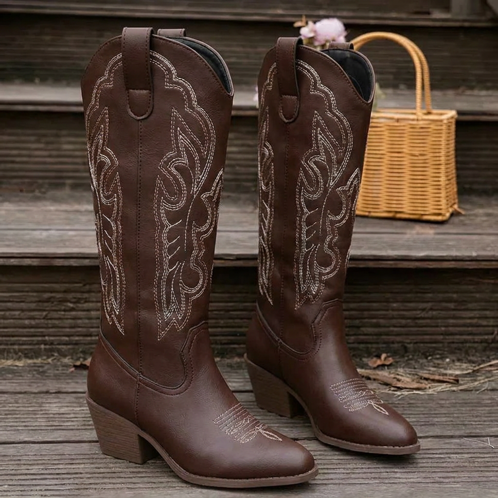 Cowboy boots for women with embroidery, pointed toe and block heel