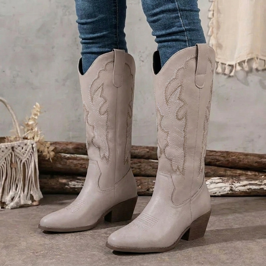 Cowboy boots for women with embroidery, pointed toe and block heel