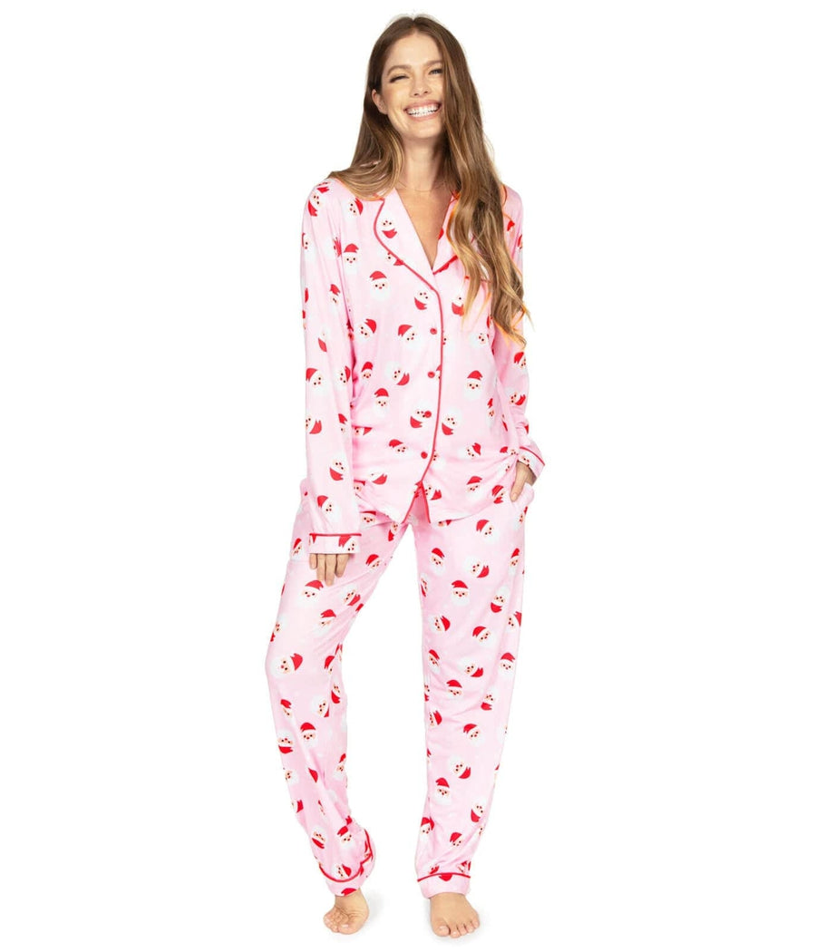 Christmas pajamas for women, button front Santa print two piece set
