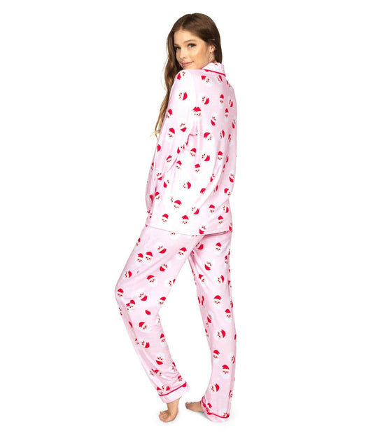 Christmas pajamas for women, button front Santa print two piece set